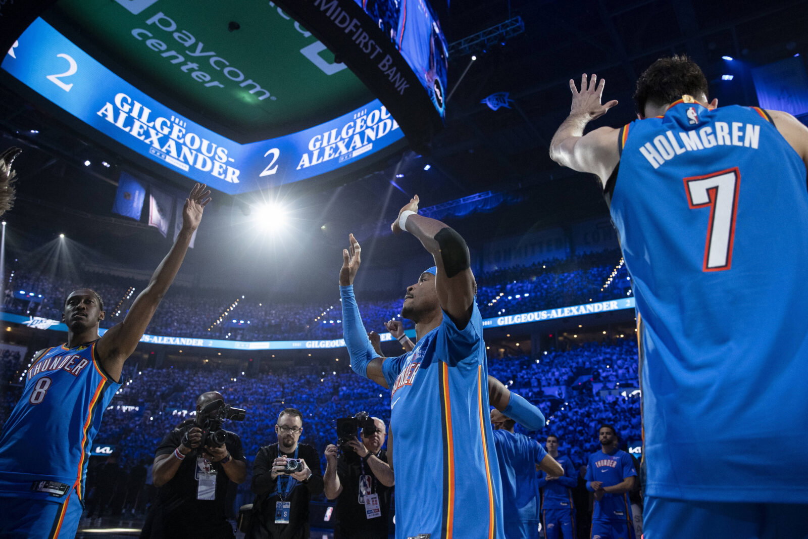 Apr 19, 2026; Oklahoma City, Oklahoma, USA; Oklahoma City Thunder guard Jalen Williams (8), guard Shai Gilgeous-Alexander (2), and center Chet Holmgren (7) before the start of game one of the first round of the 2026 NBA Playoffs at Paycom Center. Mandatory Credit: Alonzo Adams-Imagn Images