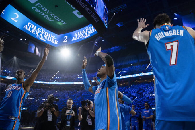 Apr 19, 2026; Oklahoma City, Oklahoma, USA; Oklahoma City Thunder guard Jalen Williams (8), guard Shai Gilgeous-Alexander (2), and center Chet Holmgren (7) before the start of game one of the first round of the 2026 NBA Playoffs at Paycom Center. Mandatory Credit: Alonzo Adams-Imagn Images