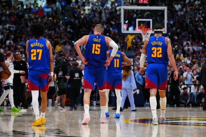 Apr 20, 2026; Denver, Colorado, USA; Denver Nuggets guard Jamal Murray (27), center Nikola Jokic (15) and forward Aaron Gordon (32) in the fourth quarter against the Minnesota Timberwolves during game two of the first round of the 2026 NBA Playoffs at Ball Arena. Mandatory Credit: Ron Chenoy-Imagn Images
