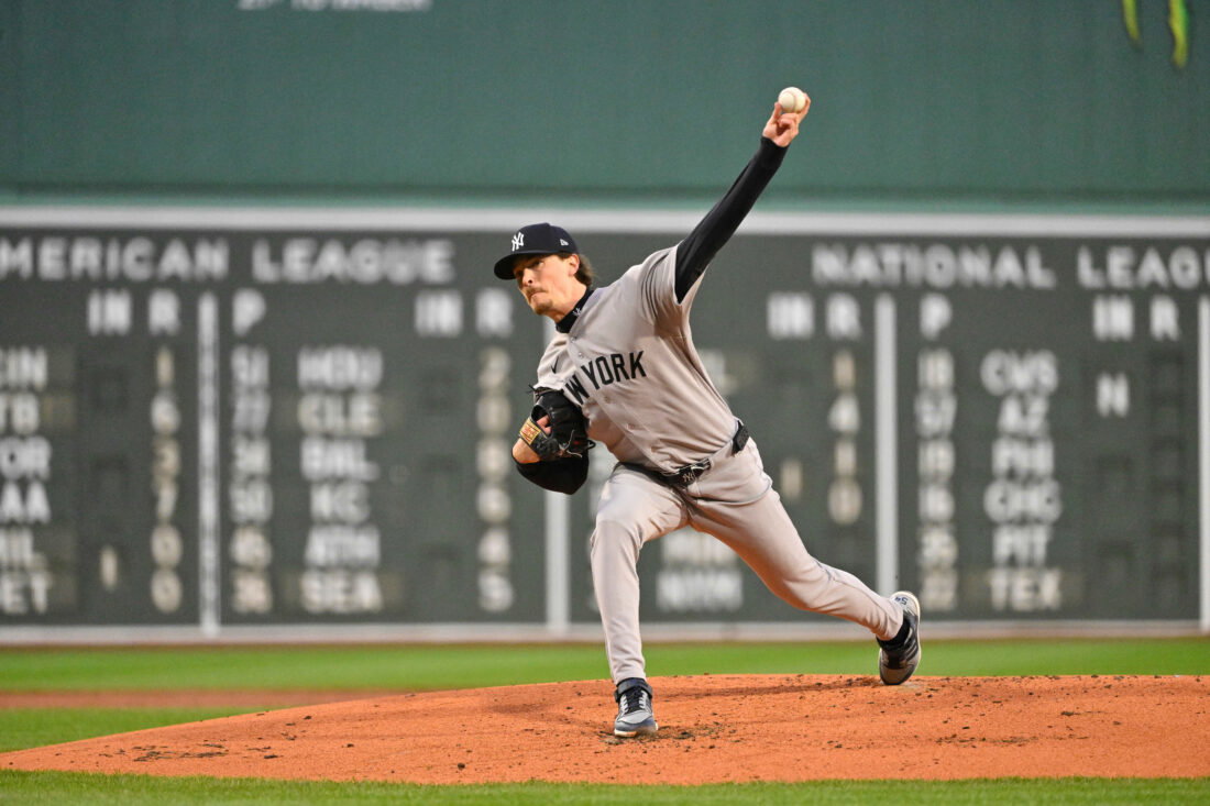 Apr 22, 2026; Boston, Massachusetts, USA; New York Yankees pitcher Max Fried (54) pitches against the Boston Red Sox in the first inning at Fenway Park. Mandatory Credit: Eric Canha-Imagn Images