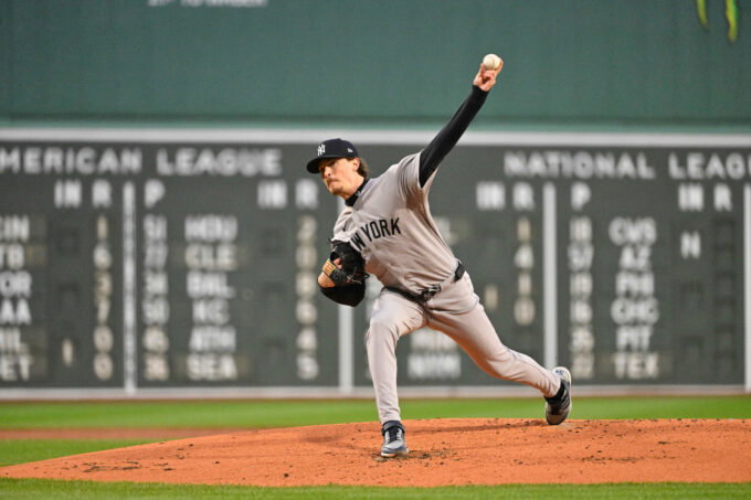 Apr 22, 2026; Boston, Massachusetts, USA; New York Yankees pitcher Max Fried (54) pitches against the Boston Red Sox in the first inning at Fenway Park. Mandatory Credit: Eric Canha-Imagn Images