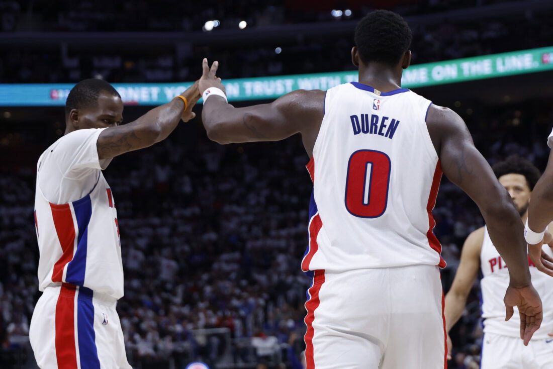 Apr 22, 2026; Detroit, Michigan, USA; Detroit Pistons center Jalen Duren (0) receives congratulations from d31 in the second half against the during game two of the first round of the 2026 NBA Playoffs at Little Caesars Arena. Mandatory Credit: Rick Osentoski-Imagn Images