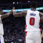 Apr 22, 2026; Detroit, Michigan, USA; Detroit Pistons center Jalen Duren (0) receives congratulations from d31 in the second half against the during game two of the first round of the 2026 NBA Playoffs at Little Caesars Arena. Mandatory Credit: Rick Osentoski-Imagn Images