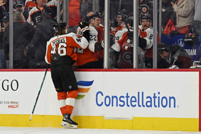 Apr 22, 2026; Philadelphia, Pennsylvania, USA; Philadelphia Flyers center Trevor Zegras (46) celebrates his goal with teammates in the penalty box against the Pittsburgh Penguins during the second period in game three of the first round of the 2026 Stanley Cup Playoffs at Xfinity Mobile Arena. Mandatory Credit: Eric Hartline-Imagn Images