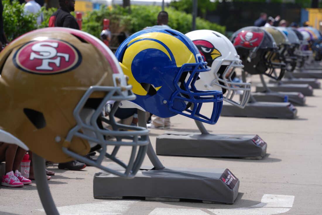 Apr 23, 2026; Pittsburgh, PA, USA; Large helmets of the San Francisco 49ers, Los Angeles Rams and Arizona Cardinals at Acrisure Stadium. Mandatory Credit: Kirby Lee-Imagn Images