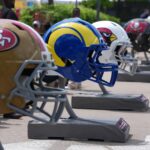 Apr 23, 2026; Pittsburgh, PA, USA; Large helmets of the San Francisco 49ers, Los Angeles Rams and Arizona Cardinals at Acrisure Stadium. Mandatory Credit: Kirby Lee-Imagn Images