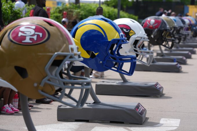 Apr 23, 2026; Pittsburgh, PA, USA; Large helmets of the San Francisco 49ers, Los Angeles Rams and Arizona Cardinals at Acrisure Stadium. Mandatory Credit: Kirby Lee-Imagn Images