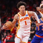 Apr 23, 2026; Atlanta, Georgia, USA; Atlanta Hawks forward Jalen Johnson (1) drives to the basket against the New York Knicks in the third quarter during game three of the first round of the 2026 NBA Playoffs at State Farm Arena. Mandatory Credit: Brett Davis-Imagn Images