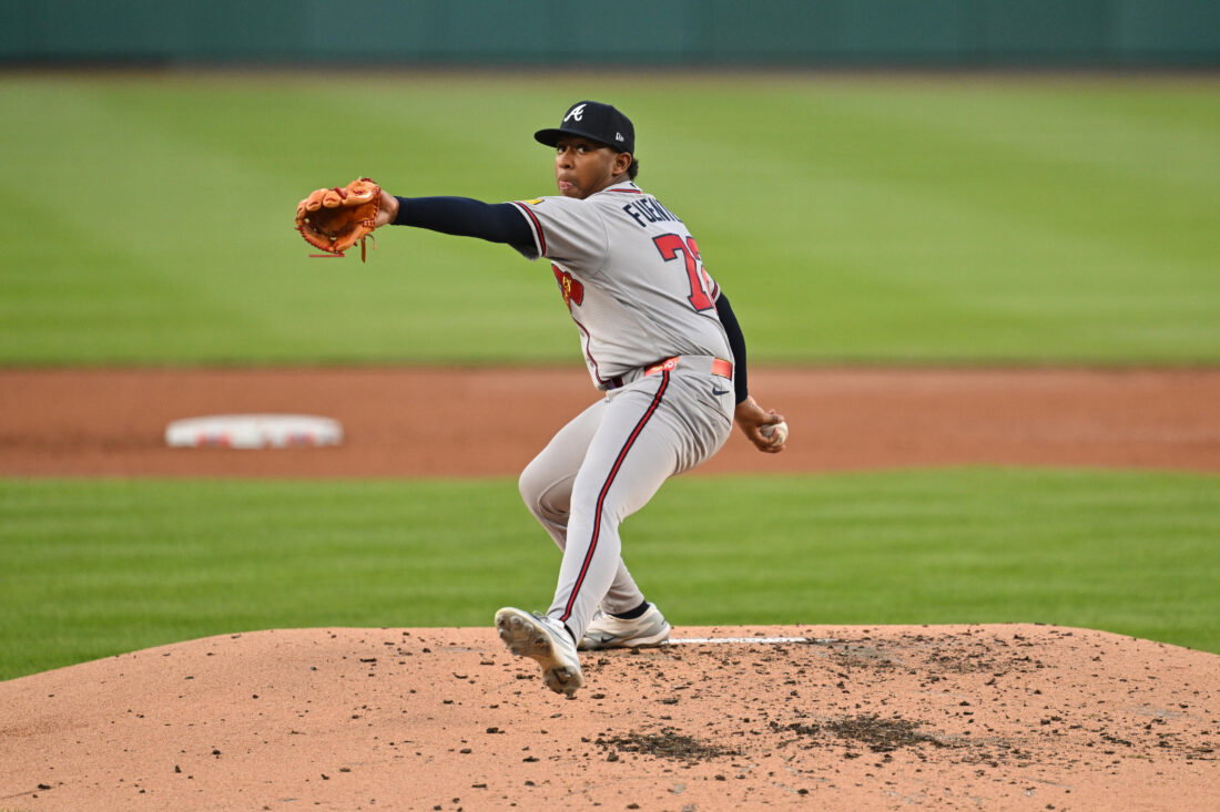 Apr 22, 2026; Washington, District of Columbia, USA; Atlanta Braves pitcher Didier Fuentes (72) pitches against the Washington Nationals at Nationals Park. Mandatory Credit: Jamie Sabau-Imagn Images
