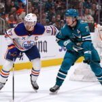 Apr 8, 2026; San Jose, California, USA; Edmonton Oilers center Connor McDavid (97) and San Jose Sharks center Macklin Celebrini (71) wait for the puck during the second period at SAP Center at San Jose. Mandatory Credit: David Gonzales-Imagn Images