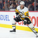 Apr 29, 2026; Philadelphia, Pennsylvania, USA; Pittsburgh Penguins center Sidney Crosby (87) controls the puck against the Philadelphia Flyers in the second period in game six of the first round of the 2026 Stanley Cup Playoffs at Xfinity Mobile Arena. Mandatory Credit: Kyle Ross-Imagn Images