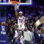 May 8, 2026; Philadelphia, Pennsylvania, USA; Philadelphia 76ers guard Vj Edgecombe (77) dunks the ball against the New York Knicks during the first quarter of game three of the second round of the 2026 NBA Playoffs at Xfinity Mobile Arena. Mandatory Credit: Bill Streicher-Imagn Images