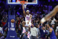 May 8, 2026; Philadelphia, Pennsylvania, USA; Philadelphia 76ers guard Vj Edgecombe (77) dunks the ball against the New York Knicks during the first quarter of game three of the second round of the 2026 NBA Playoffs at Xfinity Mobile Arena. Mandatory Credit: Bill Streicher-Imagn Images