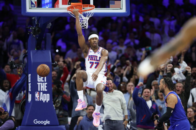 May 8, 2026; Philadelphia, Pennsylvania, USA; Philadelphia 76ers guard Vj Edgecombe (77) dunks the ball against the New York Knicks during the first quarter of game three of the second round of the 2026 NBA Playoffs at Xfinity Mobile Arena. Mandatory Credit: Bill Streicher-Imagn Images
