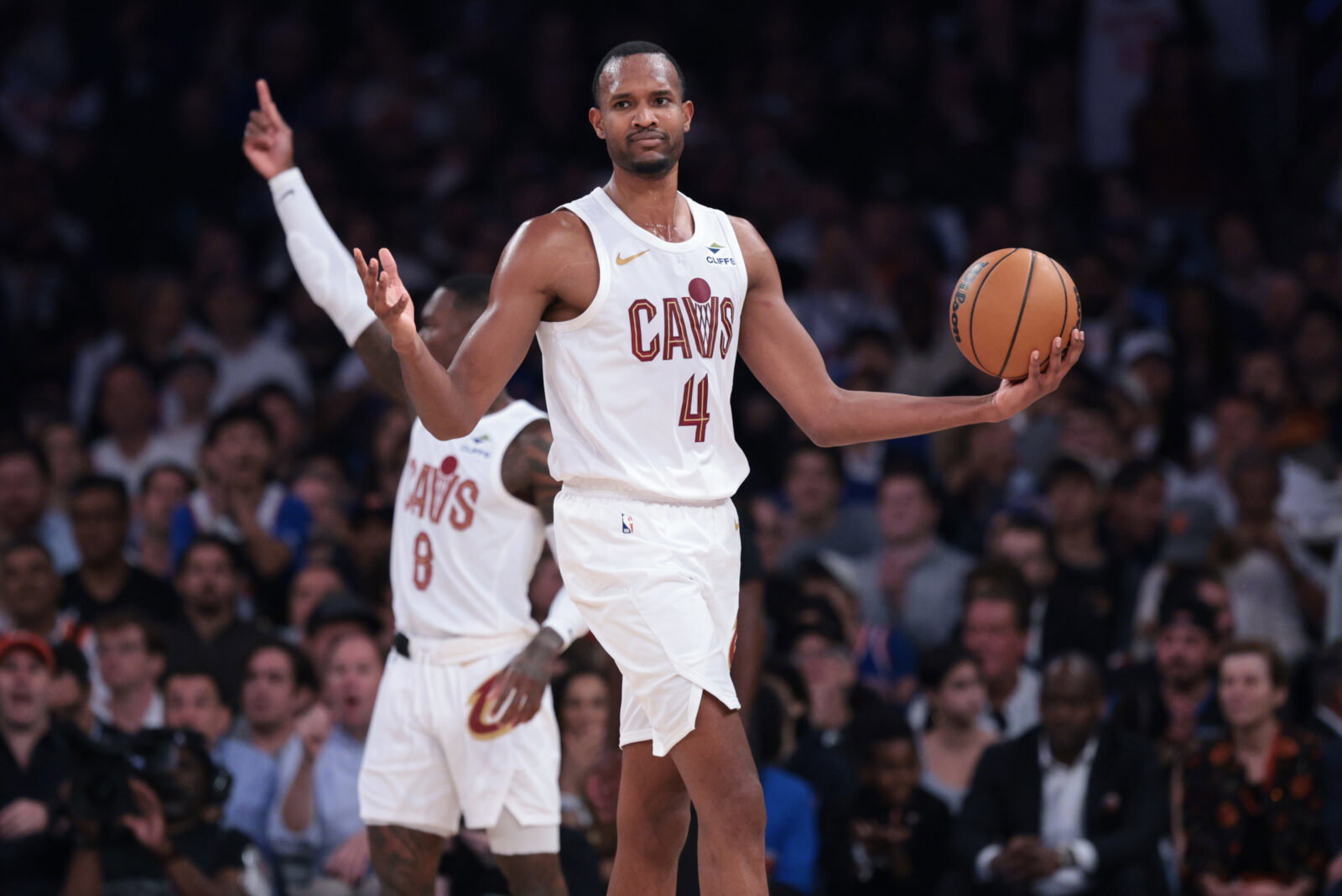 May 21, 2026; New York, New York, USA; Cleveland Cavaliers center Evan Mobley (4) reacts during the second quarter of the eastern conference finals of the 2026 NBA playoffs against the New York Knicks at Madison Square Garden. Mandatory Credit: Vincent Carchietta-Imagn Images