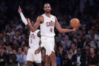 May 21, 2026; New York, New York, USA; Cleveland Cavaliers center Evan Mobley (4) reacts during the second quarter of the eastern conference finals of the 2026 NBA playoffs against the New York Knicks at Madison Square Garden. Mandatory Credit: Vincent Carchietta-Imagn Images