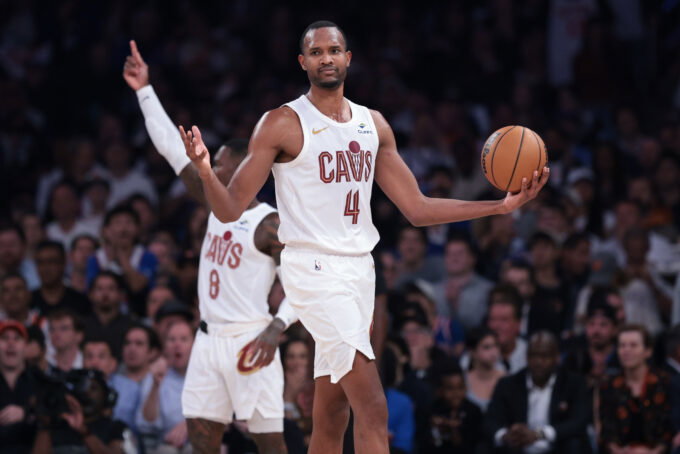 May 21, 2026; New York, New York, USA; Cleveland Cavaliers center Evan Mobley (4) reacts during the second quarter of the eastern conference finals of the 2026 NBA playoffs against the New York Knicks at Madison Square Garden. Mandatory Credit: Vincent Carchietta-Imagn Images