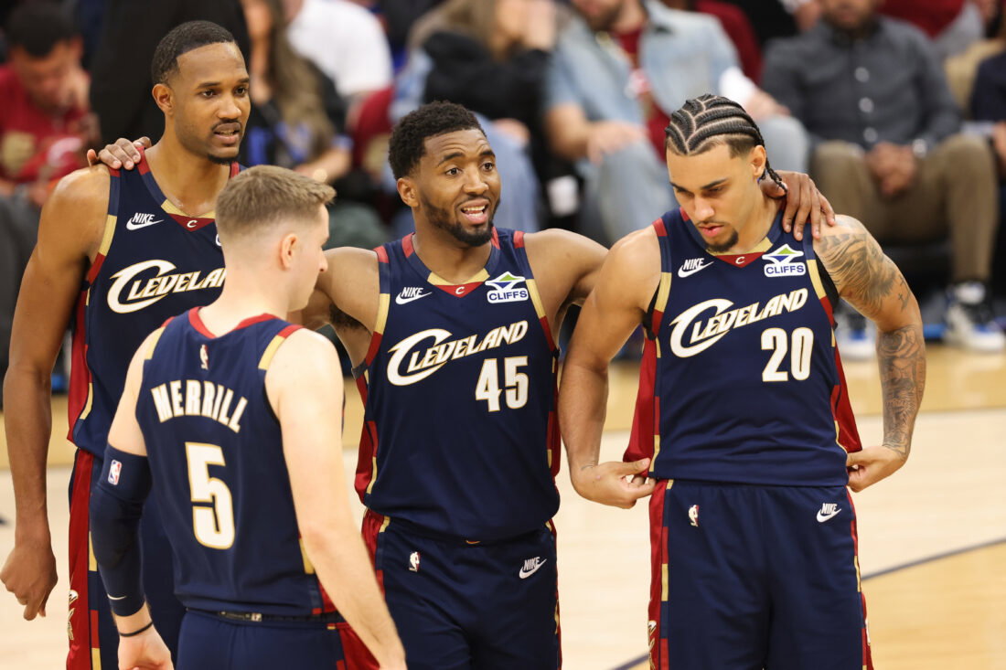 May 23, 2026; Cleveland, Ohio, USA; Cleveland Cavaliers guard Donovan Mitchell (45) huddles around teammates during the fourth quarter against the New York Knicks during game three of the eastern conference finals for the 2026 NBA playoffs at Rocket Arena. Mandatory Credit: Scott Galvin-Imagn Images