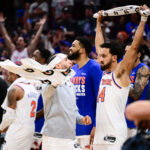 May 25, 2026; Cleveland, Ohio, USA; New York Knicks guard Landry Shamet (44) reacts after defeating the Cleveland Cavaliers in game four of the eastern conference finals for the 2026 NBA playoffs at Rocket Arena. Mandatory Credit: Ken Blaze-Imagn Images