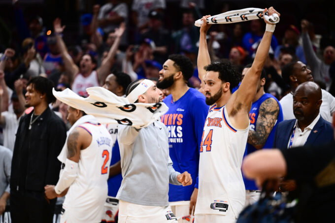 May 25, 2026; Cleveland, Ohio, USA; New York Knicks guard Landry Shamet (44) reacts after defeating the Cleveland Cavaliers in game four of the eastern conference finals for the 2026 NBA playoffs at Rocket Arena. Mandatory Credit: Ken Blaze-Imagn Images