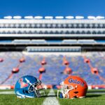 Nov 23, 2024; Gainesville, Florida, USA; The Mississippi Rebels and Florida Gators helmets on the field before the game at Ben Hill Griffin Stadium. Mandatory Credit: Matt Pendleton-Imagn Images