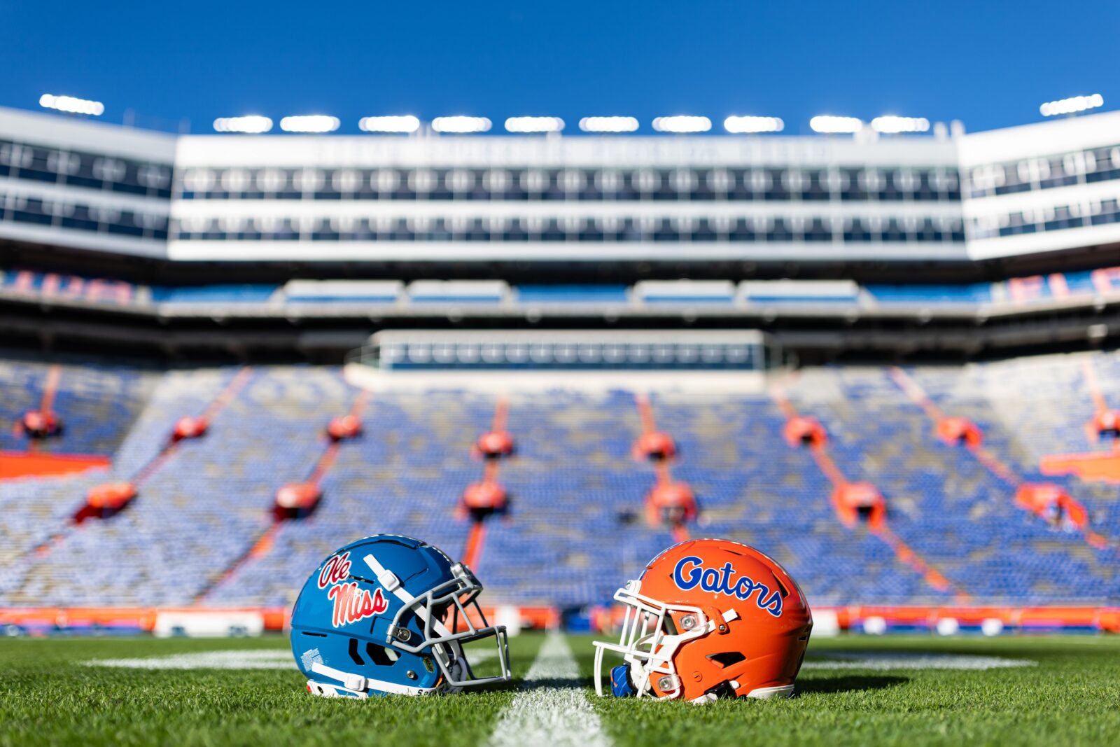 Nov 23, 2024; Gainesville, Florida, USA; The Mississippi Rebels and Florida Gators helmets on the field before the game at Ben Hill Griffin Stadium. Mandatory Credit: Matt Pendleton-Imagn Images