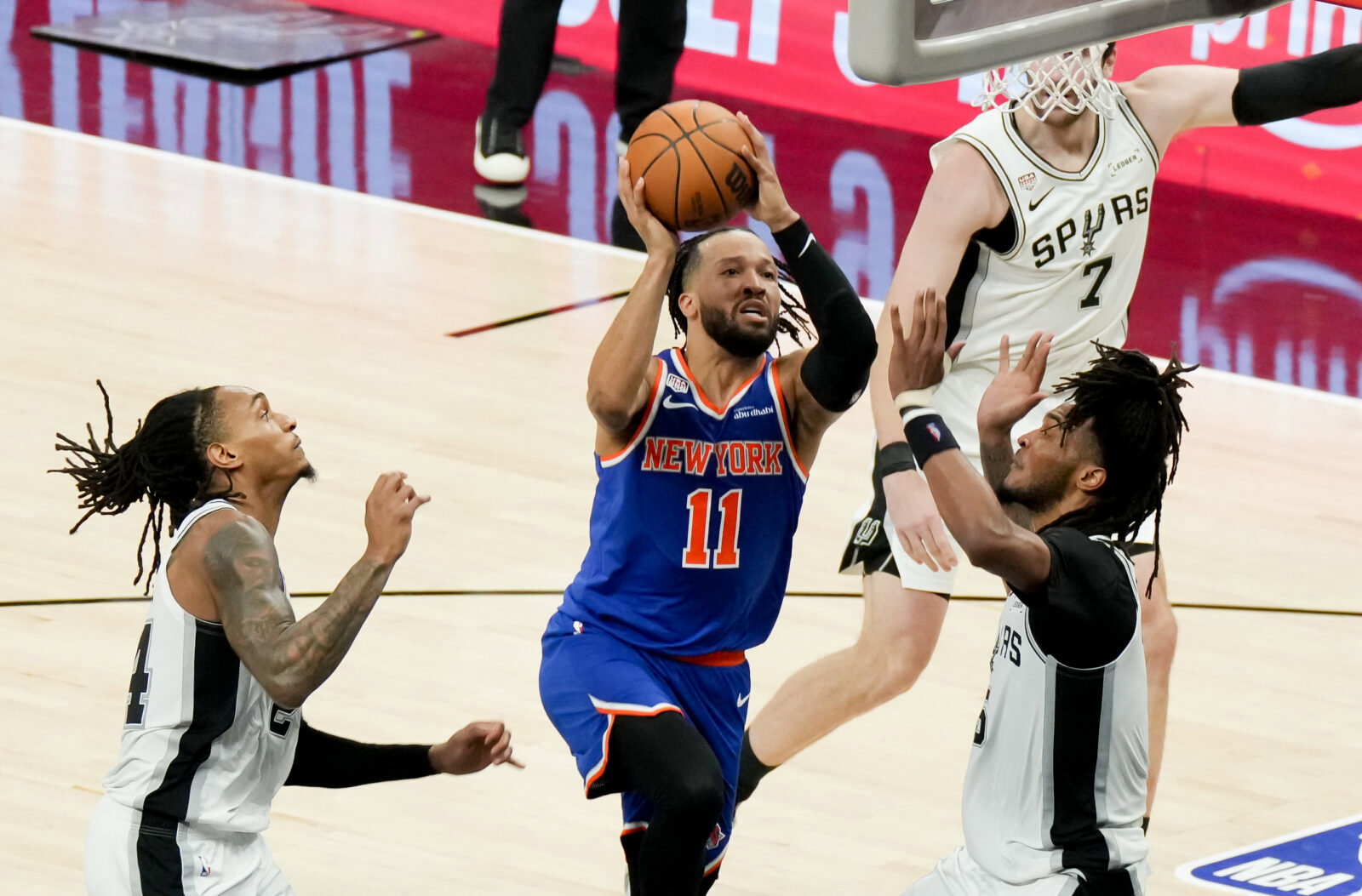 Jun 13, 2026; San Antonio, Texas, USA; New York Knicks guard Jalen Brunson (11) shoots against San Antonio Spurs guard Stephon Castle (5) in the first half during game five of the 2026 NBA Finals at Frost Bank Center. Mandatory Credit: Scott Wachter-Imagn Images