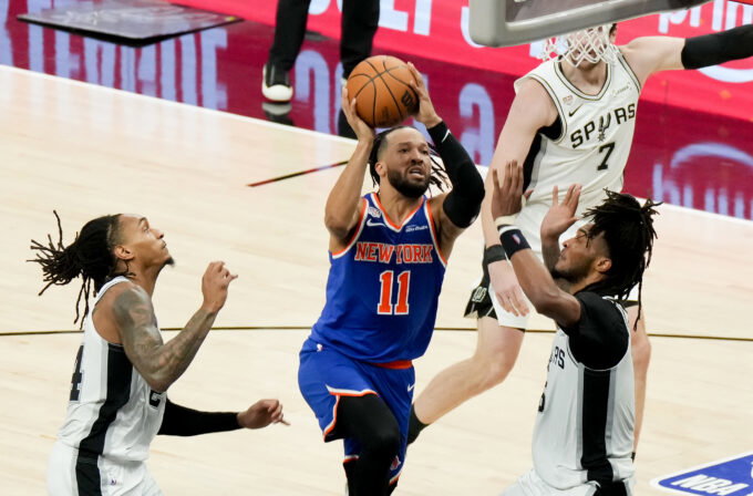 Jun 13, 2026; San Antonio, Texas, USA; New York Knicks guard Jalen Brunson (11) shoots against San Antonio Spurs guard Stephon Castle (5) in the first half during game five of the 2026 NBA Finals at Frost Bank Center. Mandatory Credit: Scott Wachter-Imagn Images