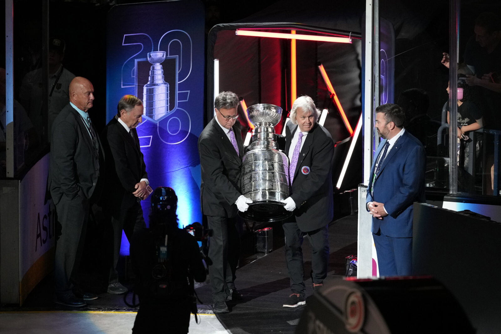 Jun 14, 2026; Las Vegas, Nevada, USA; the Stanley Cup is brought to the ice to present to the Carolina Hurricanes after the win against the Vegas Golden Knights in game six of the 2026 Stanley Cup Final at T-Mobile Arena. Mandatory Credit: Lucas Peltier-Imagn Images