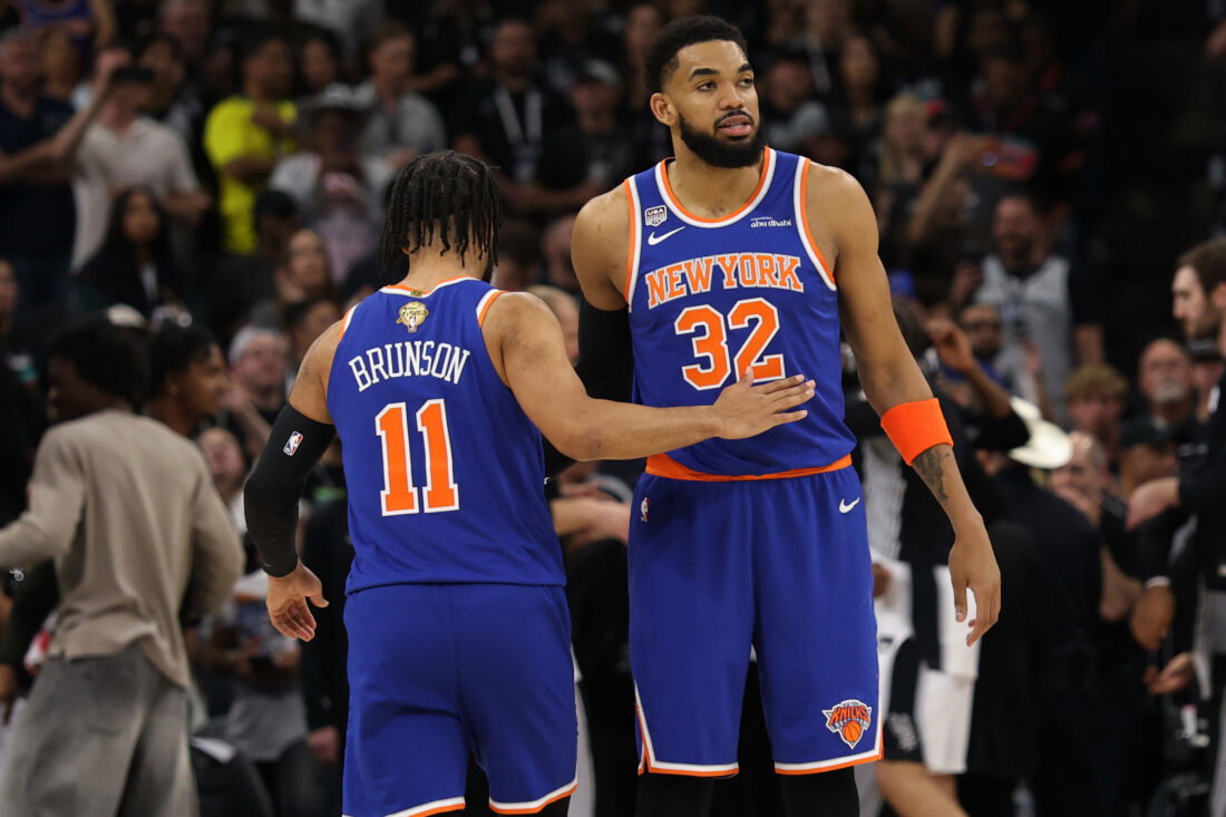 Jun 13, 2026; San Antonio, Texas, USA; New York Knicks guard Jalen Brunson (11) hugs Knicks center Karl-Anthony Towns (32) prior to the opening tip against the San Antonio Spurs in game five of the 2026 NBA Finals at Frost Bank Center. Mandatory Credit: Geoff Burke-Imagn Images