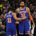 Jun 13, 2026; San Antonio, Texas, USA; New York Knicks guard Jalen Brunson (11) hugs Knicks center Karl-Anthony Towns (32) prior to the opening tip against the San Antonio Spurs in game five of the 2026 NBA Finals at Frost Bank Center. Mandatory Credit: Geoff Burke-Imagn Images