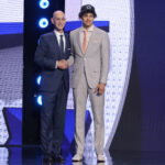 Jun 23, 2026; New York, NY, USA; NBA commissioner Adam Silver greets the fifth pick in the 2026 NBA draft, Illinois guard Keaton Wagler after he was selected by the Los Angeles Clippers at Barclays Center. Mandatory Credit: Brad Penner-Imagn Images