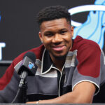 Jul 16, 2026; Miami, FL, USA; Miami Heat forward Giannis Antetokounmpo (7) speaks to reporters during his introductory press conference at Kaseya Center. Mandatory Credit: Sam Navarro-Imagn Images