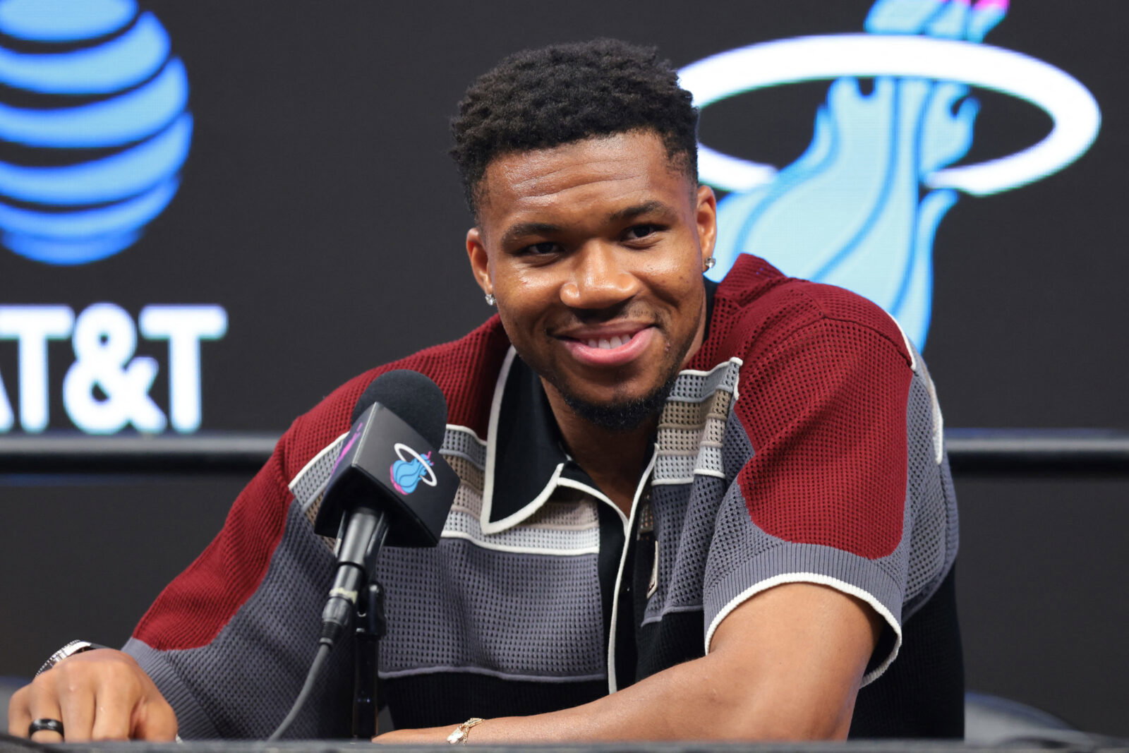 Jul 16, 2026; Miami, FL, USA; Miami Heat forward Giannis Antetokounmpo (7) speaks to reporters during his introductory press conference at Kaseya Center. Mandatory Credit: Sam Navarro-Imagn Images