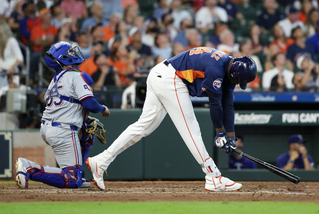 Aug 2, 2026; Houston, Texas, USA; Houston Astros left fielder Yordan Alvarez (44) reacts after popping out against the Texas Rangers in the sixth inning at Daikin Park. Mandatory Credit: Thomas Shea-Imagn Images