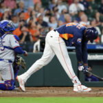 Aug 2, 2026; Houston, Texas, USA; Houston Astros left fielder Yordan Alvarez (44) reacts after popping out against the Texas Rangers in the sixth inning at Daikin Park. Mandatory Credit: Thomas Shea-Imagn Images