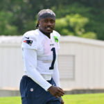 Jul 28, 2026; Foxborough, MA, USA; New England Patriots wide receiver A.J. Brown (1) walks to practice for training camp at Gillette Stadium. Mandatory Credit: Eric Canha-Imagn Images