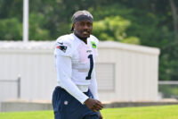 Jul 28, 2026; Foxborough, MA, USA; New England Patriots wide receiver A.J. Brown (1) walks to practice for training camp at Gillette Stadium. Mandatory Credit: Eric Canha-Imagn Images