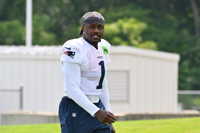 Jul 28, 2026; Foxborough, MA, USA; New England Patriots wide receiver A.J. Brown (1) walks to practice for training camp at Gillette Stadium. Mandatory Credit: Eric Canha-Imagn Images