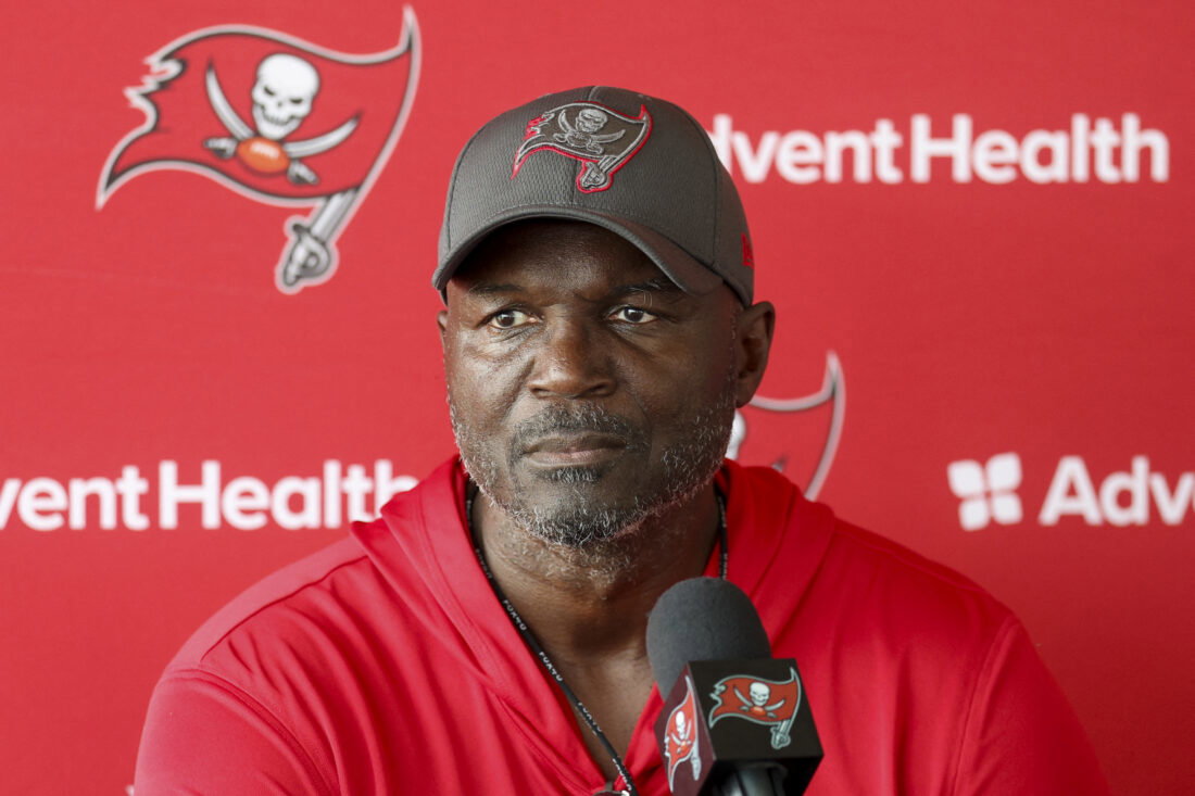 Aug 6, 2026; Tampa, FL, USA; Tampa Bay Buccaneers head coach Todd Bowles talks to media after training camp at AdventHealth Training Center. Mandatory Credit: Nathan Ray Seebeck-Imagn Images