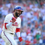 Aug 9, 2026; Philadelphia, Pennsylvania, USA; Philadelphia Phillies center fielder Derek Hill (49) celebrates his walk-off RBI single during the twelfth inning against the Toronto Blue Jays at Citizens Bank Park. Mandatory Credit: Eric Hartline-Imagn Images