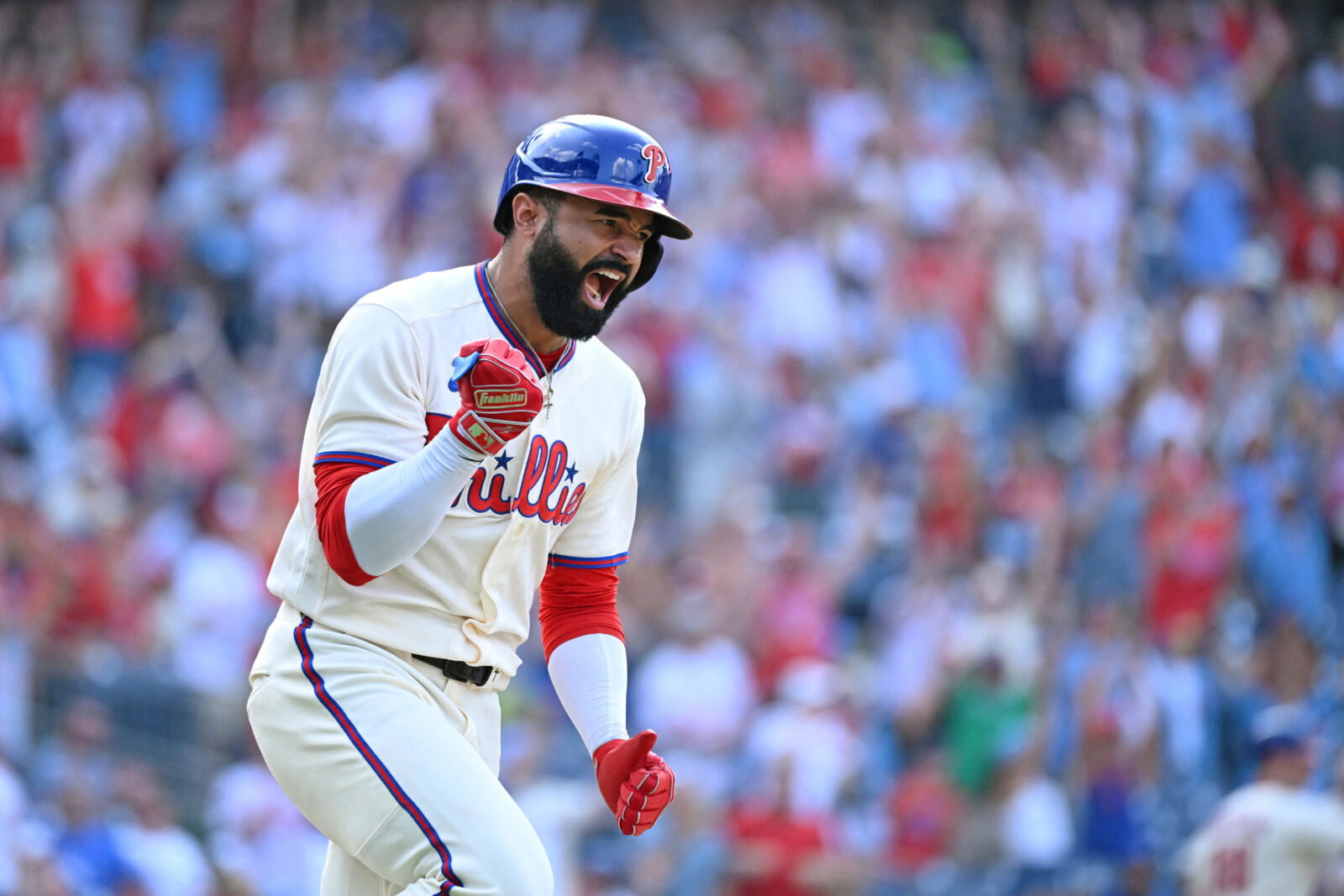 Aug 9, 2026; Philadelphia, Pennsylvania, USA; Philadelphia Phillies center fielder Derek Hill (49) celebrates his walk-off RBI single during the twelfth inning against the Toronto Blue Jays at Citizens Bank Park. Mandatory Credit: Eric Hartline-Imagn Images