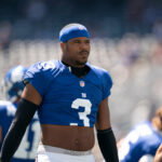 New York Giants linebacker Abdul Carter (3) warms up during a preseason opening game between the New York Giants and Minnesota Vikings on Saturday, Aug. 15, 2026, at MetLife Stadium in East Rutherford, NJ.
