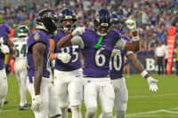 Aug 15, 2026; Baltimore, Maryland, USA; Baltimore Ravens wide receiver Ja’Kobi Lane (6) is greeted by teammates after his touchdown catch during the second quarter against the Philadelphia Eagles at M&T Bank Stadium. Mandatory Credit: Mitch Stringer-Imagn Images