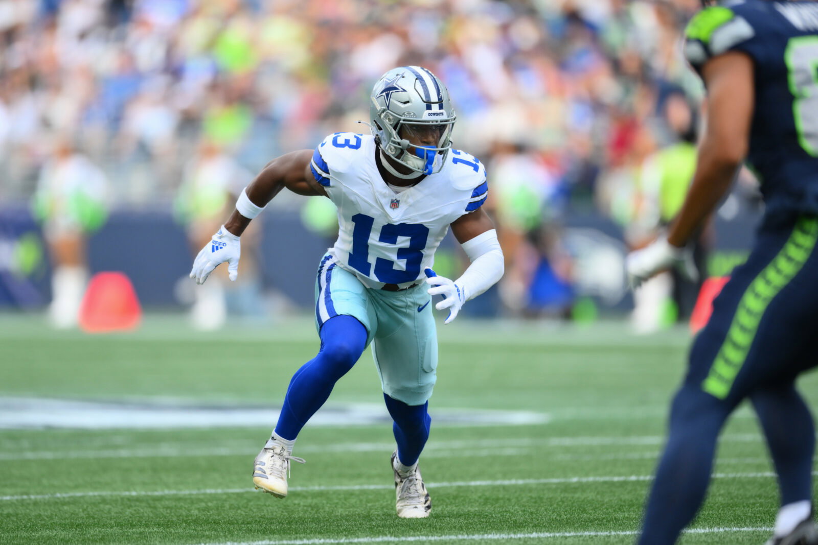 Aug 15, 2026; Seattle, Washington, USA; Dallas Cowboys safety Caleb Downs (13) during the first half against the Seattle Seahawks at Lumen Field. Mandatory Credit: Steven Bisig-Imagn Images