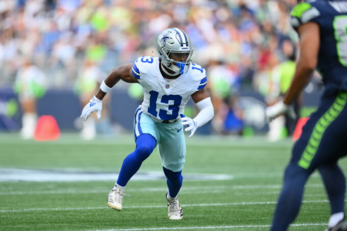 Aug 15, 2026; Seattle, Washington, USA; Dallas Cowboys safety Caleb Downs (13) during the first half against the Seattle Seahawks at Lumen Field. Mandatory Credit: Steven Bisig-Imagn Images