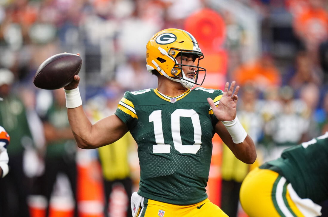 Aug 21, 2026; Denver, Colorado, USA; Green Bay Packers quarterback Jordan Love (10) during in the first quarter of a preseason game against the Denver Broncos at Empower Field at Mile High. Mandatory Credit: Ron Chenoy-Imagn Images