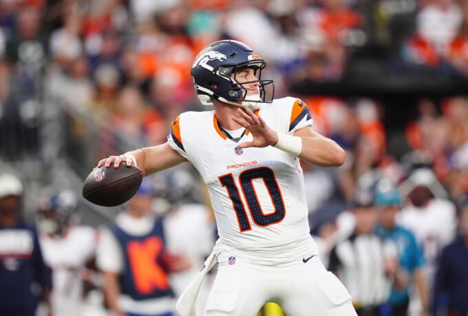 Aug 21, 2026; Denver, Colorado, USA; Denver Broncos quarterback Bo Nix (10) during the first quarter of a preseason game against the Green Bay Packers at Empower Field at Mile High. Mandatory Credit: Ron Chenoy-Imagn Images
