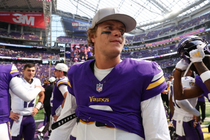Aug 22, 2026; Minneapolis, Minnesota, USA; Minnesota Vikings quarterback J.J. McCarthy (9) looks on after the game against the Baltimore Ravens at U.S. Bank Stadium. Mandatory Credit: Matt Krohn-Imagn Images
