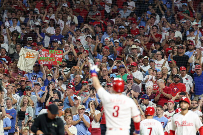 Aug 22, 2026; Philadelphia, Pennsylvania, USA; Fans react in front of Philadelphia Phillies first baseman Bryce Harper (3) as he crosses home plate after hitting a two RBI home run during the sixth inning against the St. Louis Cardinals at Citizens Bank Park. Mandatory Credit: Bill Streicher-Imagn Images